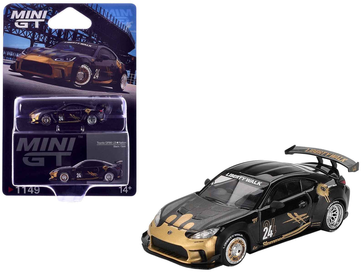 Mini GT Toyota GR86 LB-Nation Liberty Walk 1/64 diecast model car in black with carbon hood and gold graphics, limited edition.