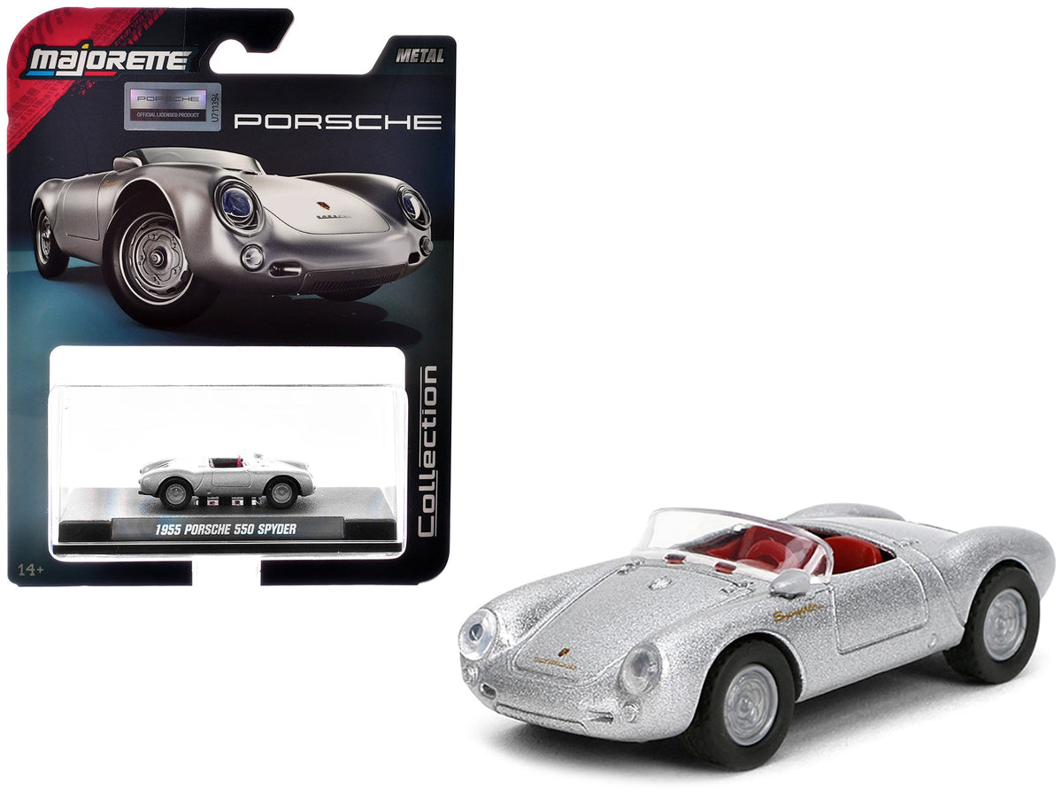 Silver metallic 1955 Porsche 550 Spyder diecast model with red interior, part of Miniature Motors' Collection series.