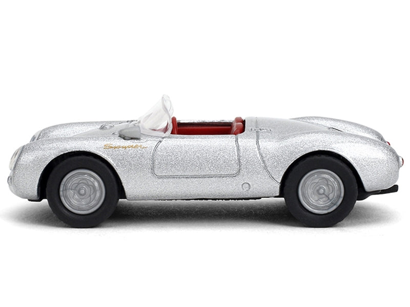 Silver metallic 1955 Porsche 550 Spyder diecast model with red interior by Majorette, part of the Collection Series, 1/64 scale.