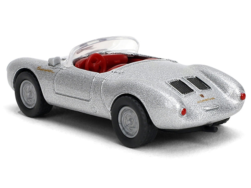 Silver metallic 1955 Porsche 550 Spyder diecast model car with red interior, part of Miniature Motors Collection series, 1/64 scale.