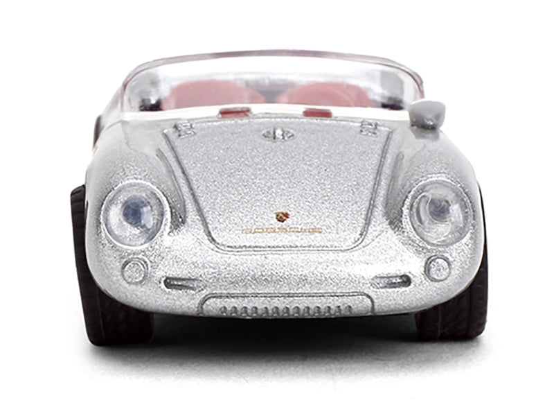 Silver metallic 1955 Porsche 550 Spyder diecast model car with red interior, part of Miniature Motors' Collection Series, 1/64 scale.