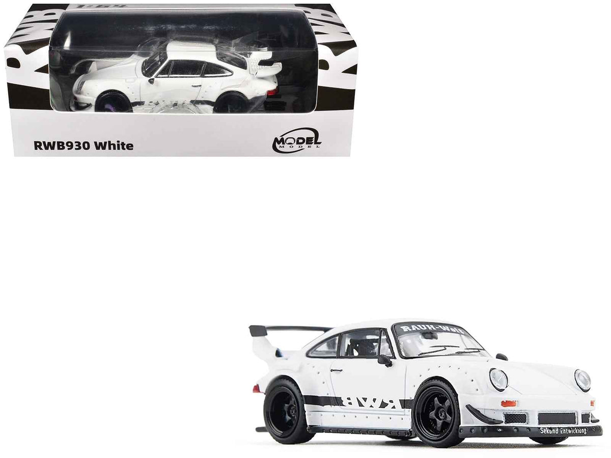 Miniature Motors RWB 930 diecast model car in matte white with black stripes, 1/64 scale, detailed collectible car.