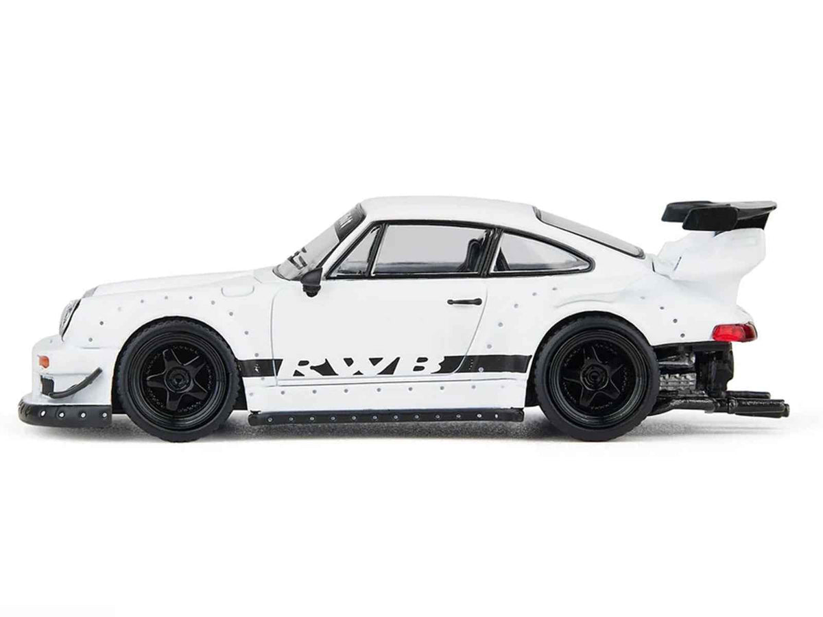 Miniature Motors RWB 930 diecast model car in matte white with black stripes, 1/64 scale, detailed miniature vehicle.