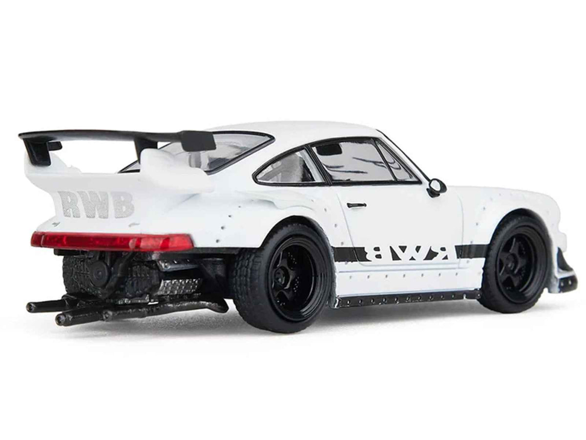 Miniature Motors RWB 930 diecast model car in matte white with black stripes, 1/64 scale, detailed collectible vehicle.