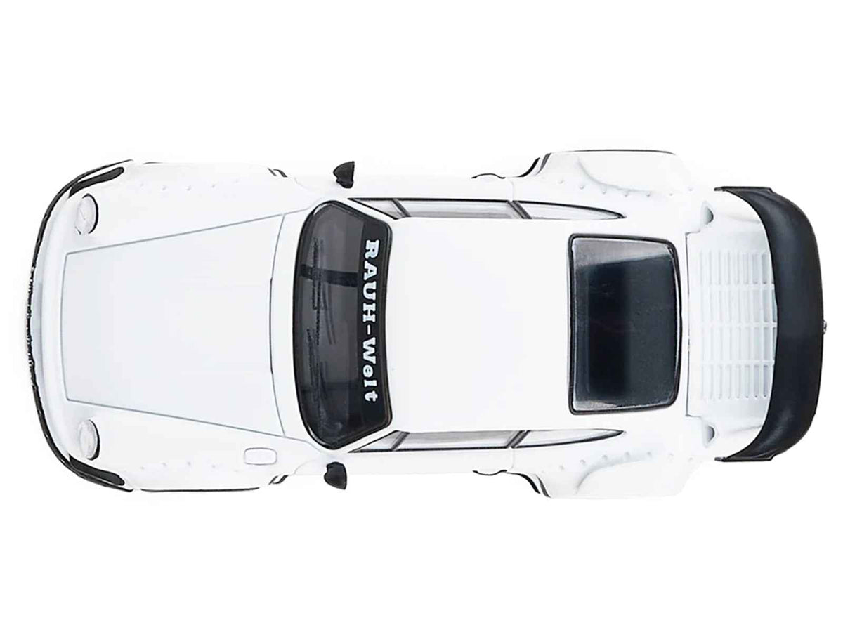 Miniature Motors RWB 930 diecast model car in matte white with black stripes, 1/64 scale, detailed collectible vehicle.