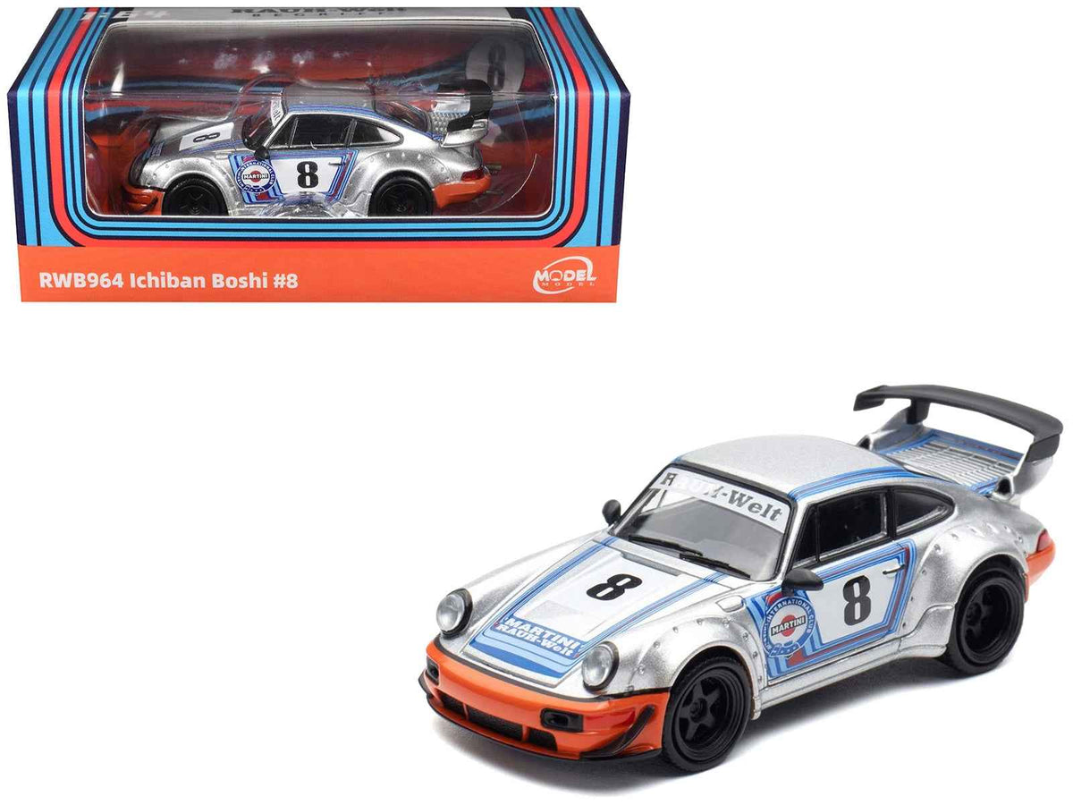 Silver metallic RWB 964 #8 Diecast model car with Martini Racing stripes by Miniature Motors, detailed 1/64 scale collectible.