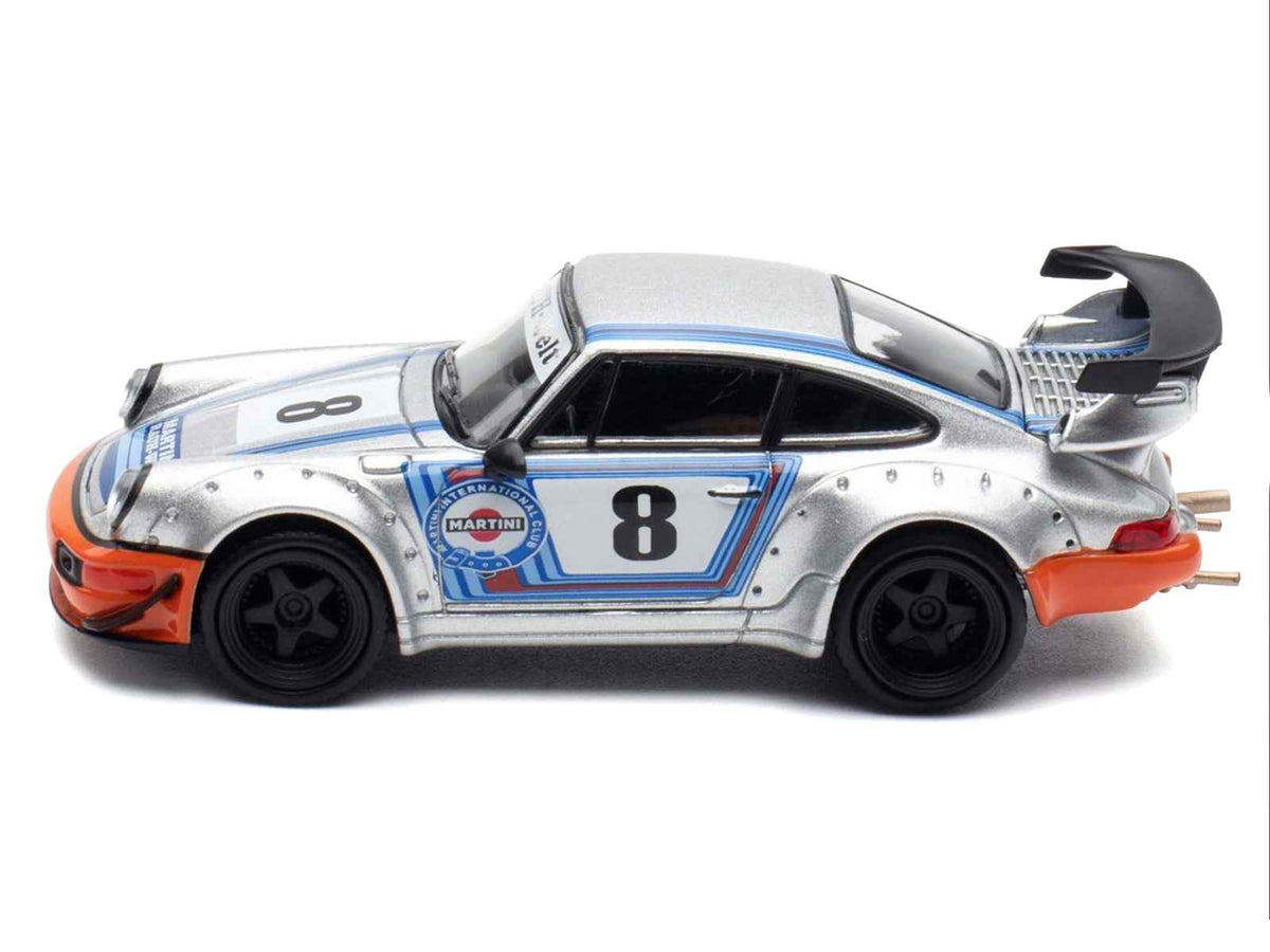 Silver metallic RWB 964 diecast model car by Miniature Motors with stripes, inspired by Martini Racing, 1/64 scale.