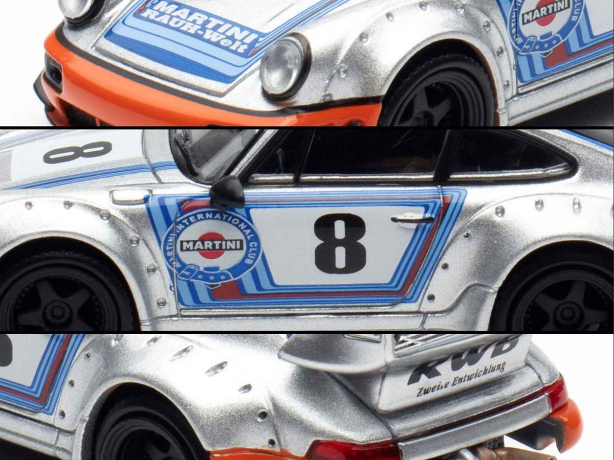 Silver metallic RWB 964 #8 Martini Racing diecast model car by Miniature Motors with stripes, 1/64 scale, detailed miniature vehicle.