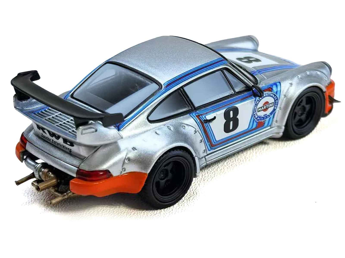 Silver metallic RWB 964 #8 "Ichiban Boshi - Martini Racing" diecast model car by Miniature Motors, with stripes, 1/64 scale.