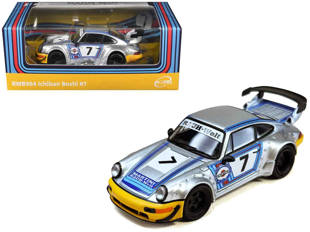 Silver metallic RWB 964 #7 Martini Racing diecast model car with stripes by Miniature Motors, detailed miniature vehicle.