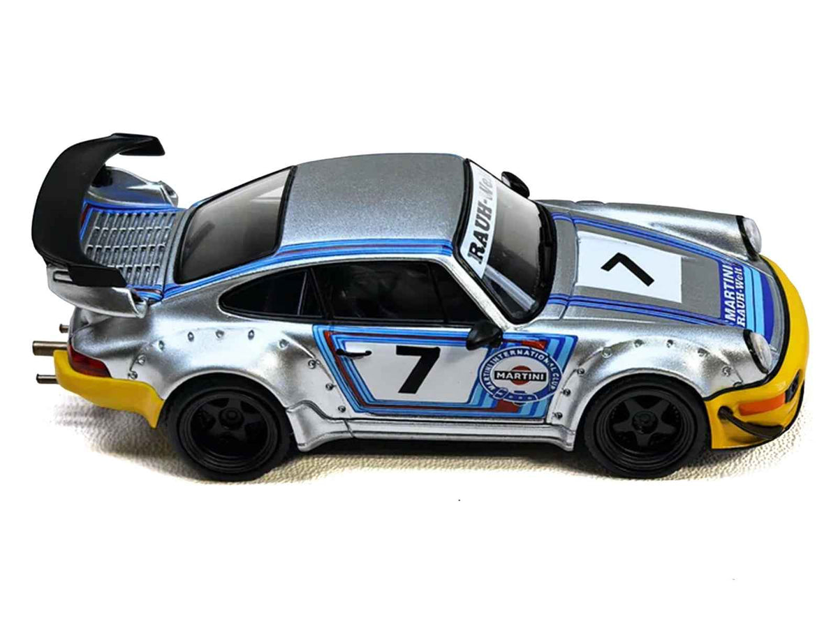Silver metallic RWB 964 #7 Martini Racing diecast model car with stripes by Miniature Motors, detailed 1/64 scale collectible.