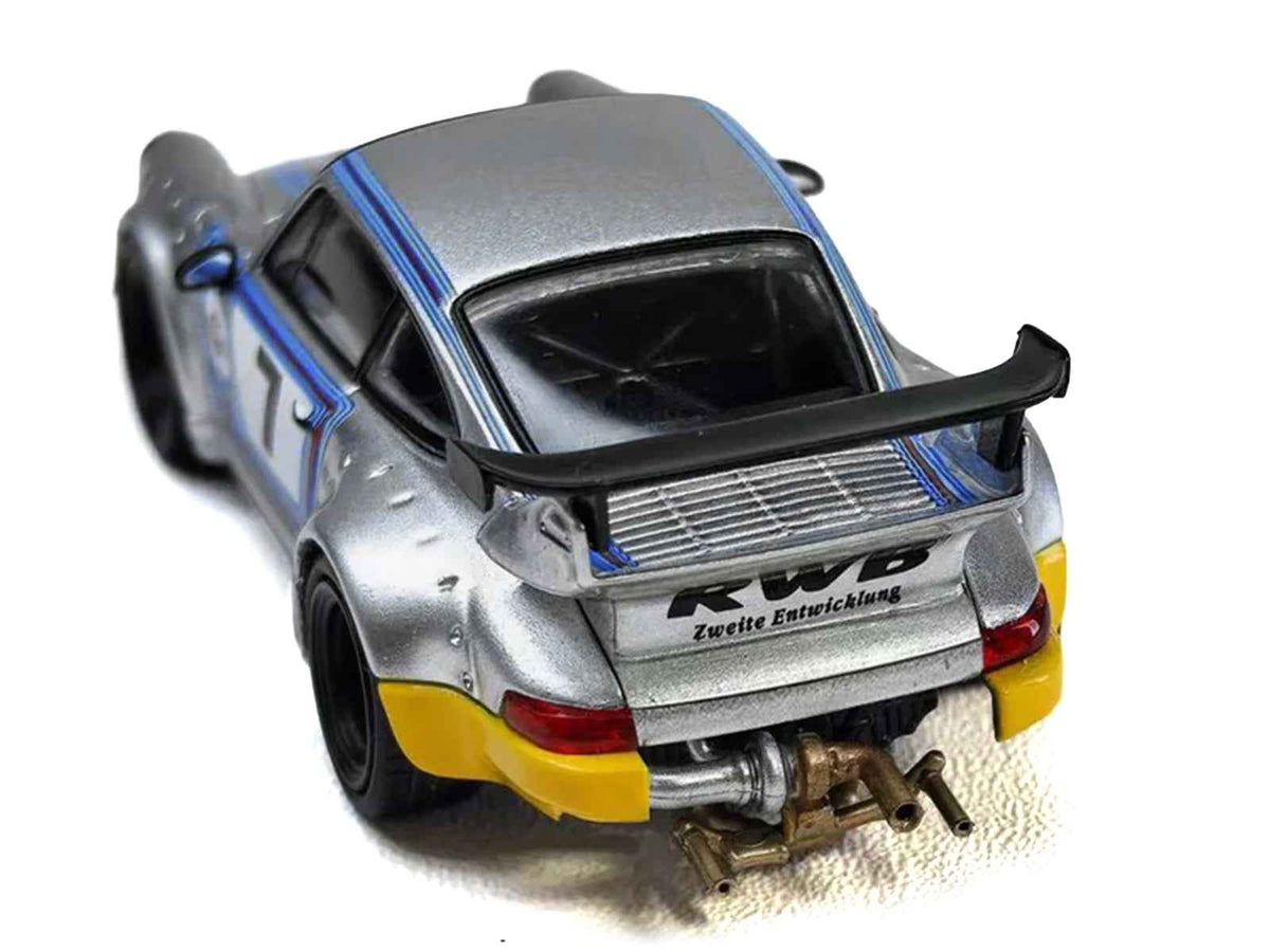 Silver metallic RWB 964 diecast model car with Martini Racing stripes by Miniature Motors, detailed 1/64 scale collectible.