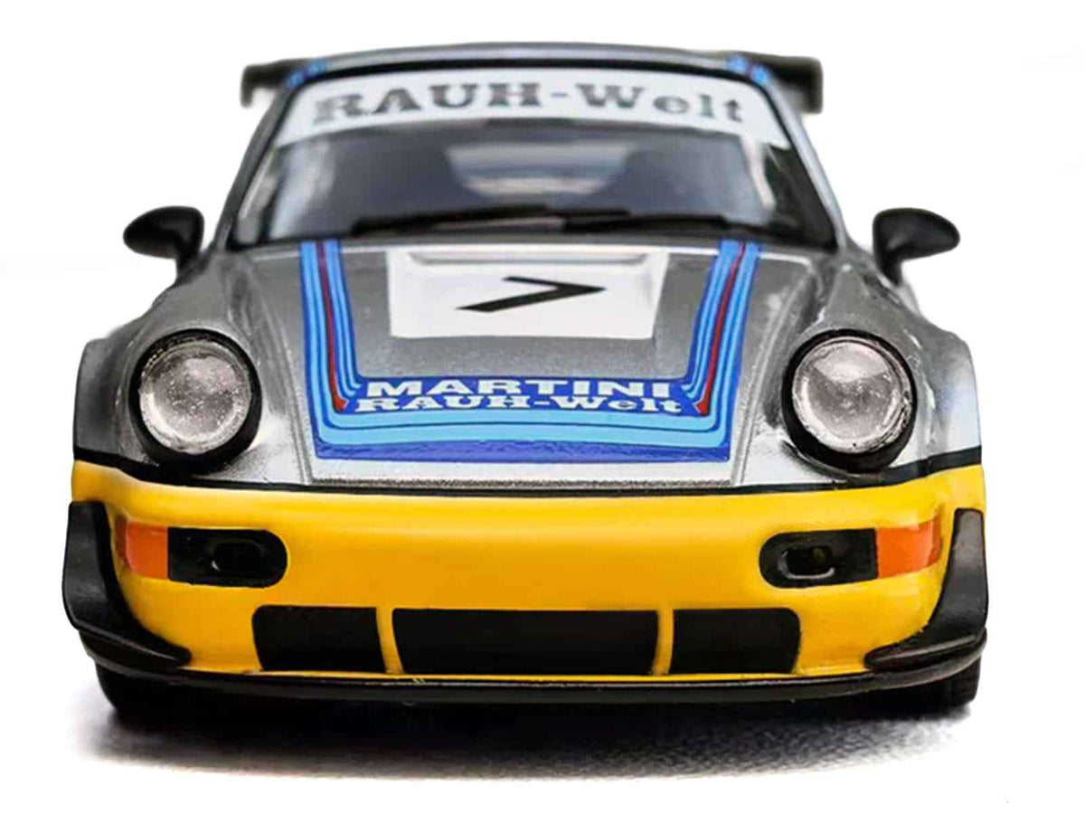 Miniature Motors RWB 964 #7 diecast model car in silver metallic with Martini Racing stripes, detailed 1/64 scale collectible.