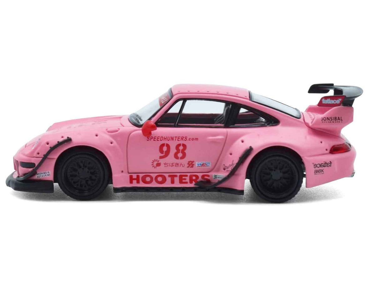 Miniature Motors RWB 993 #98 "Hooters" matte pink 1/64 diecast model car, detailed view of this collectible toy.