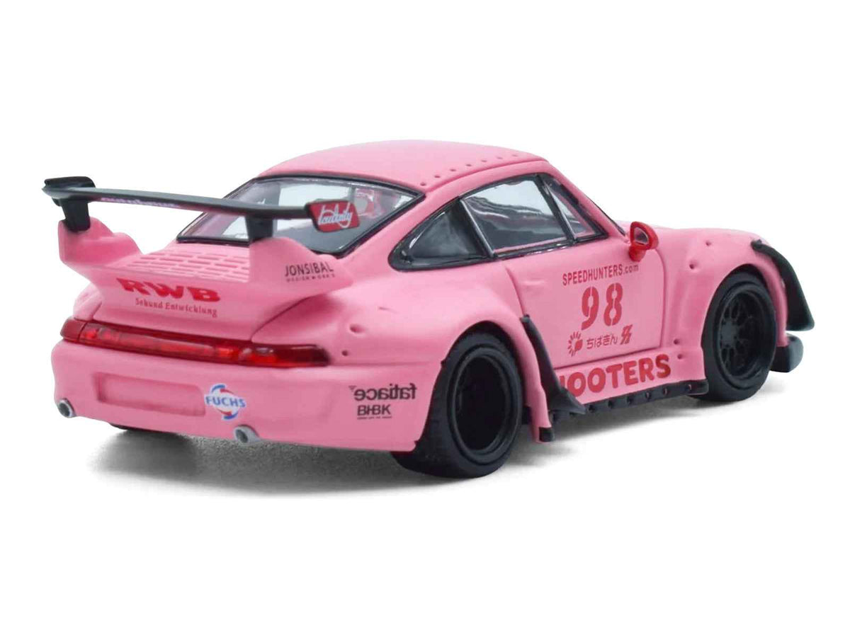 Miniature Motors RWB 993 #98 "Hooters" pink 1/64 diecast model car with detailed exterior, side graphics, and realistic features.
