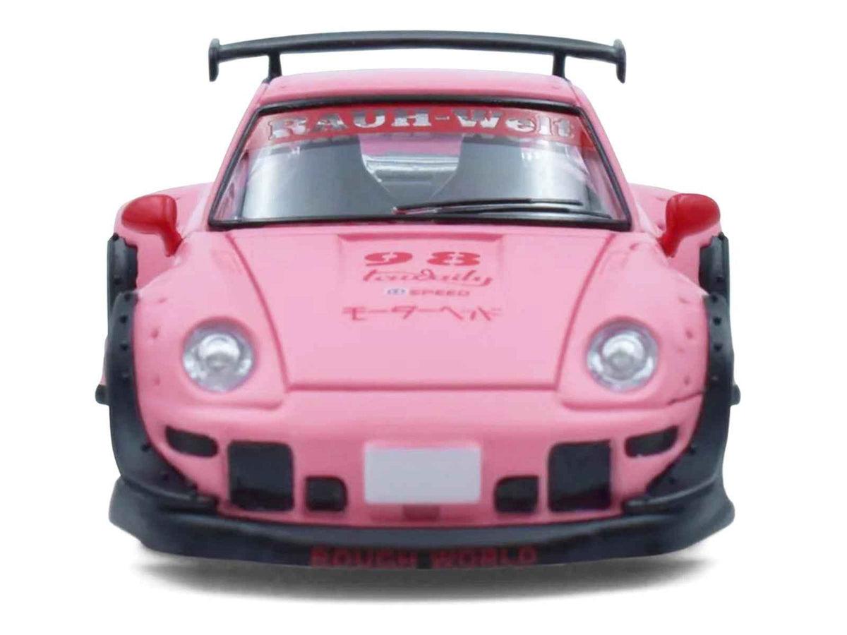 Miniature Motors RWB 993 #98 "Hooters" matte pink 1/64 diecast model car, detailed view showing sleek design and vibrant color.