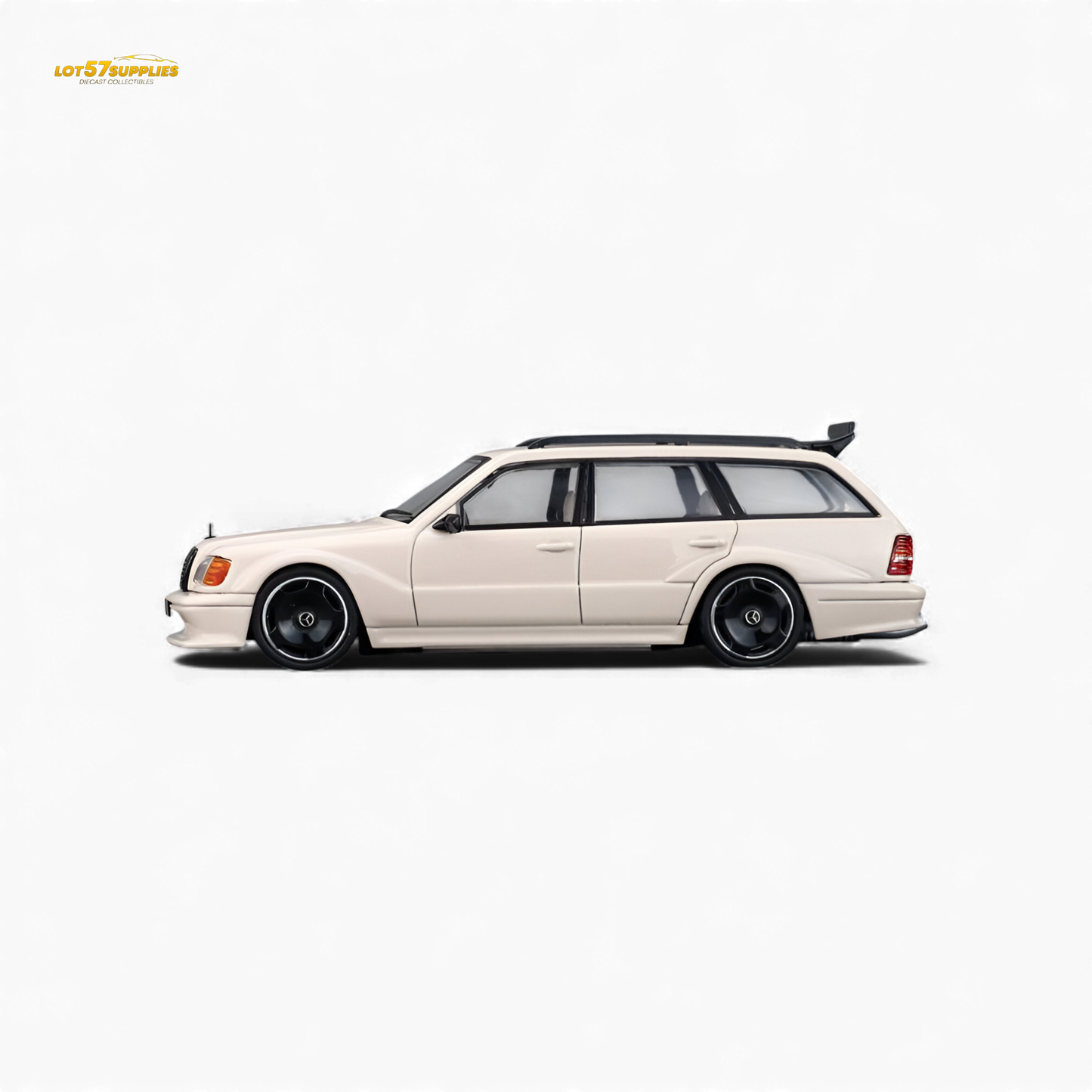 Diecast Mercedes-Benz S124 model in milk tea color, 1:64 scale, featuring detailed design from Lot57Supplies Diecast Shop.