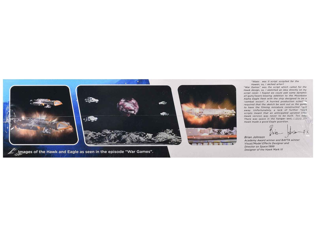 1/72 scale Skill 2 Model Kit Eagle and Hawk from Space: 1999 TV series by Miniature Motors, showing detailed spaceship models in packaging.