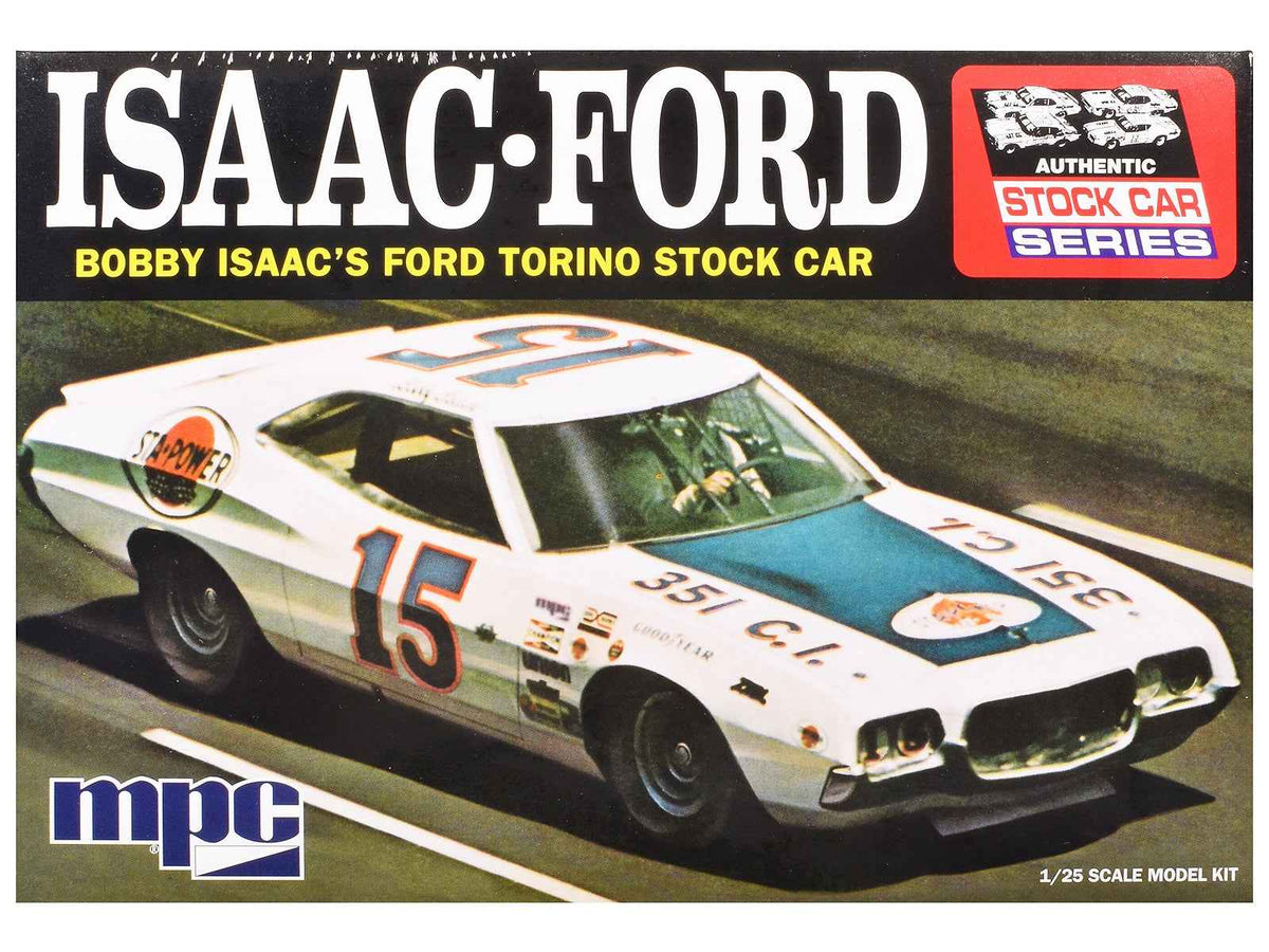 Miniature Motors 1/25 scale Ford Torino stock car model of Bobby Isaac from the Skill 2 Model Kit by MPC, detailed collectible.
