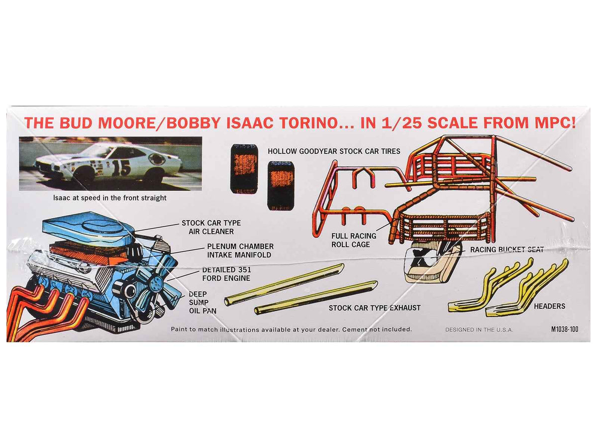 Detailed image of the Skill 2 Model Kit 1972 Ford Torino Stock Car "Bobby Isaac" 1/25 scale model by MPC, showing painted details and decals.