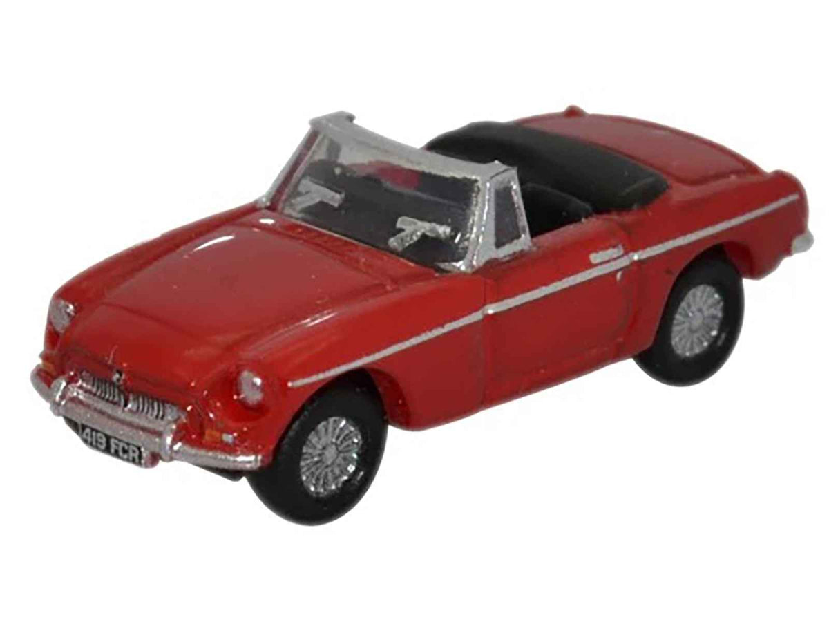 Miniature Motors MG MGB Roadster RHD Tartan Red diecast model car in N scale by Oxford Diecast, showing detailed exterior view