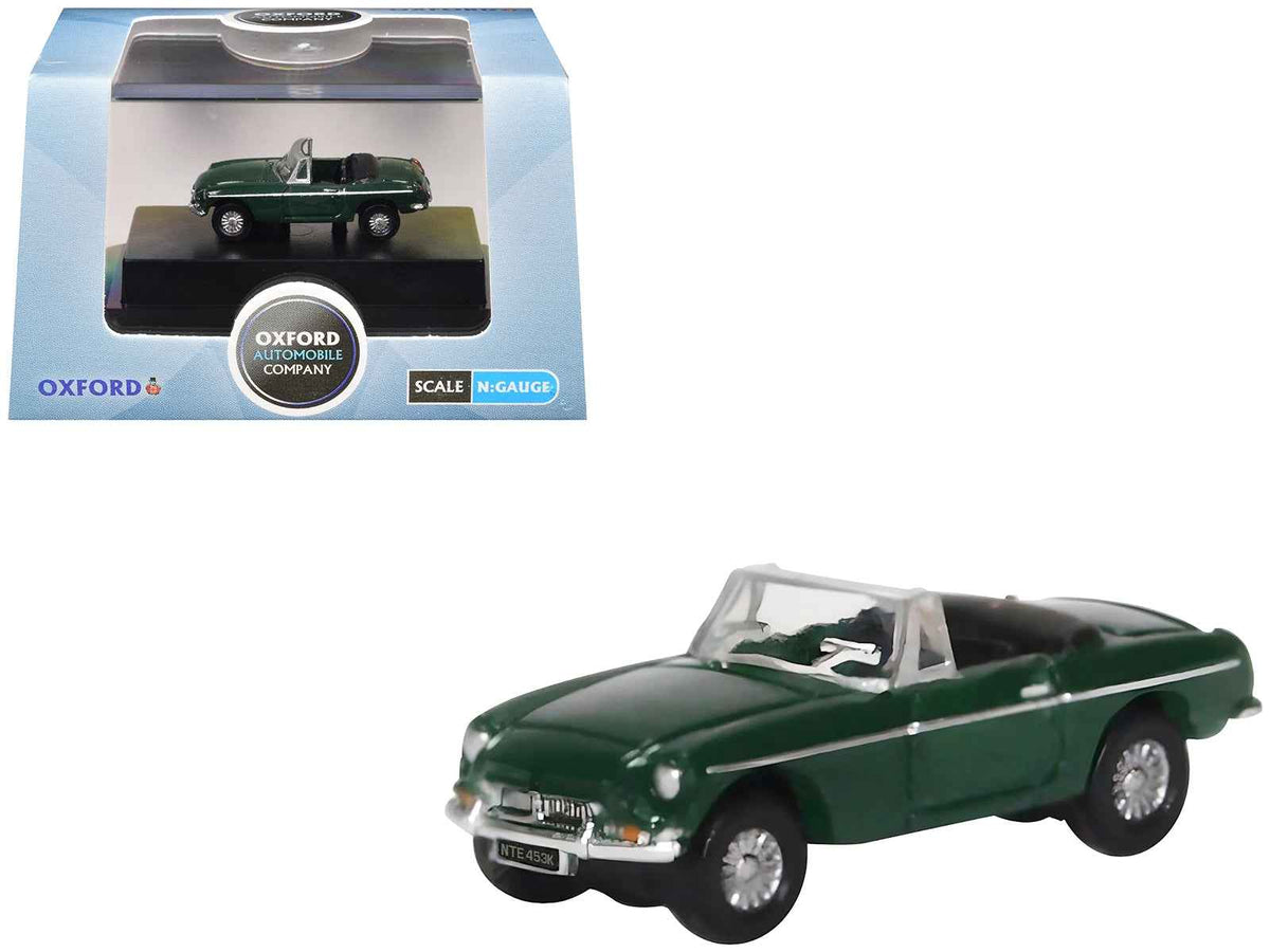 British Racing Green MG MGB Roadster diecast model car by Oxford Diecast, right-hand drive, N scale miniature collectible.