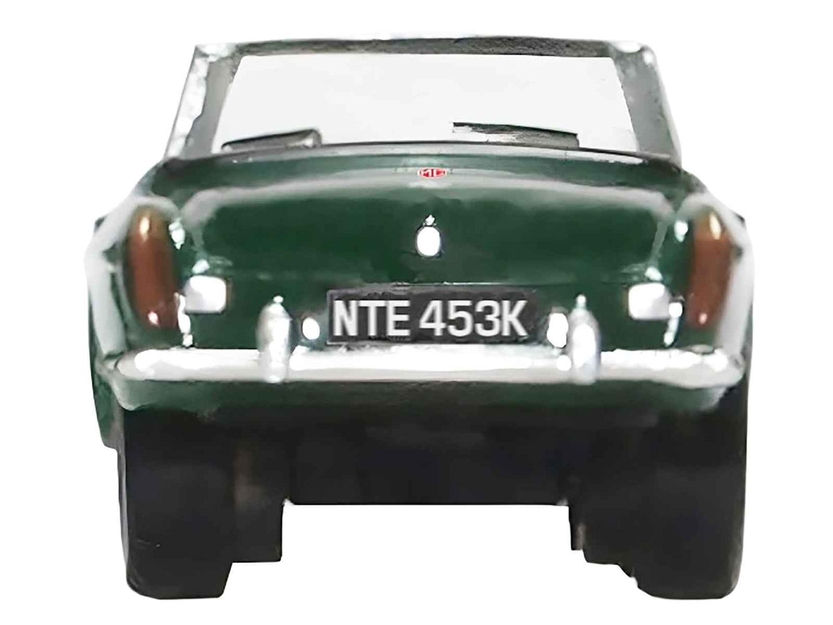 British Racing Green MG MGB Roadster diecast model car in N scale by Oxford Diecast, detailed miniature with right-hand drive.