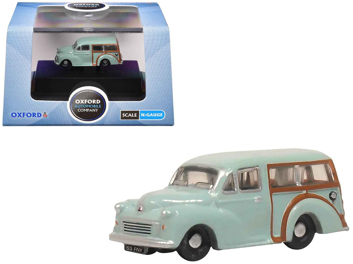 Smoke gray Morris Minor Traveller diecast model car in N scale by Oxford Diecast, detailed miniature vehicle for collectors.