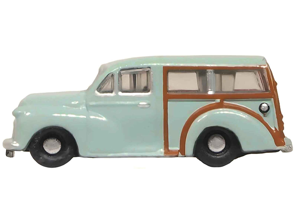 Smoke gray Morris Minor Traveller diecast model car in 1/148 scale by Oxford Diecast, detailed miniature vehicle for collectors.