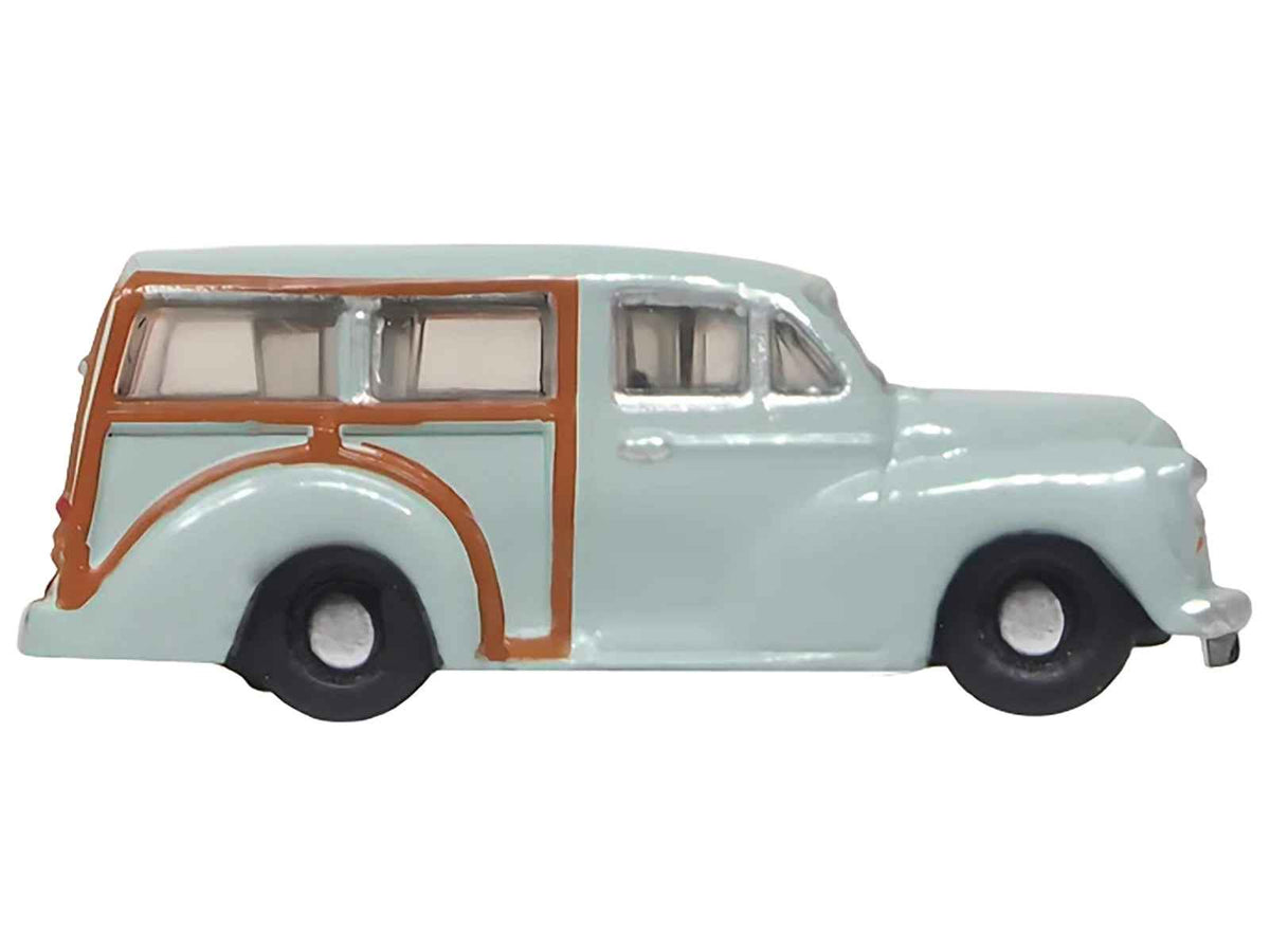 Miniature Motors Morris Minor Traveller diecast model car in smoke gray, 1/148 scale, detailed N scale replica by Oxford Diecast