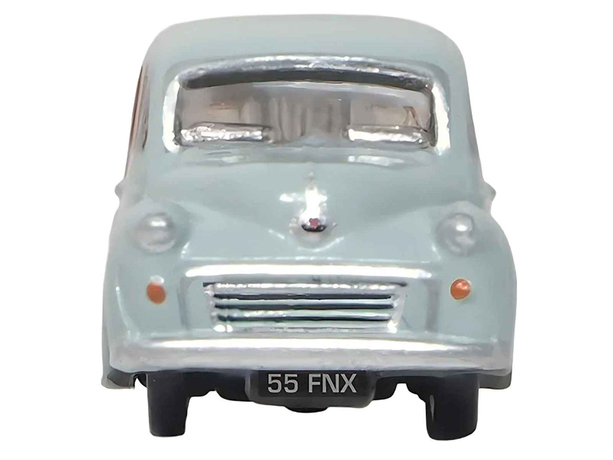 Smoke gray Morris Minor Traveller diecast model car by Oxford Diecast, miniature scale N 1/148, detailed automotive collectible.
