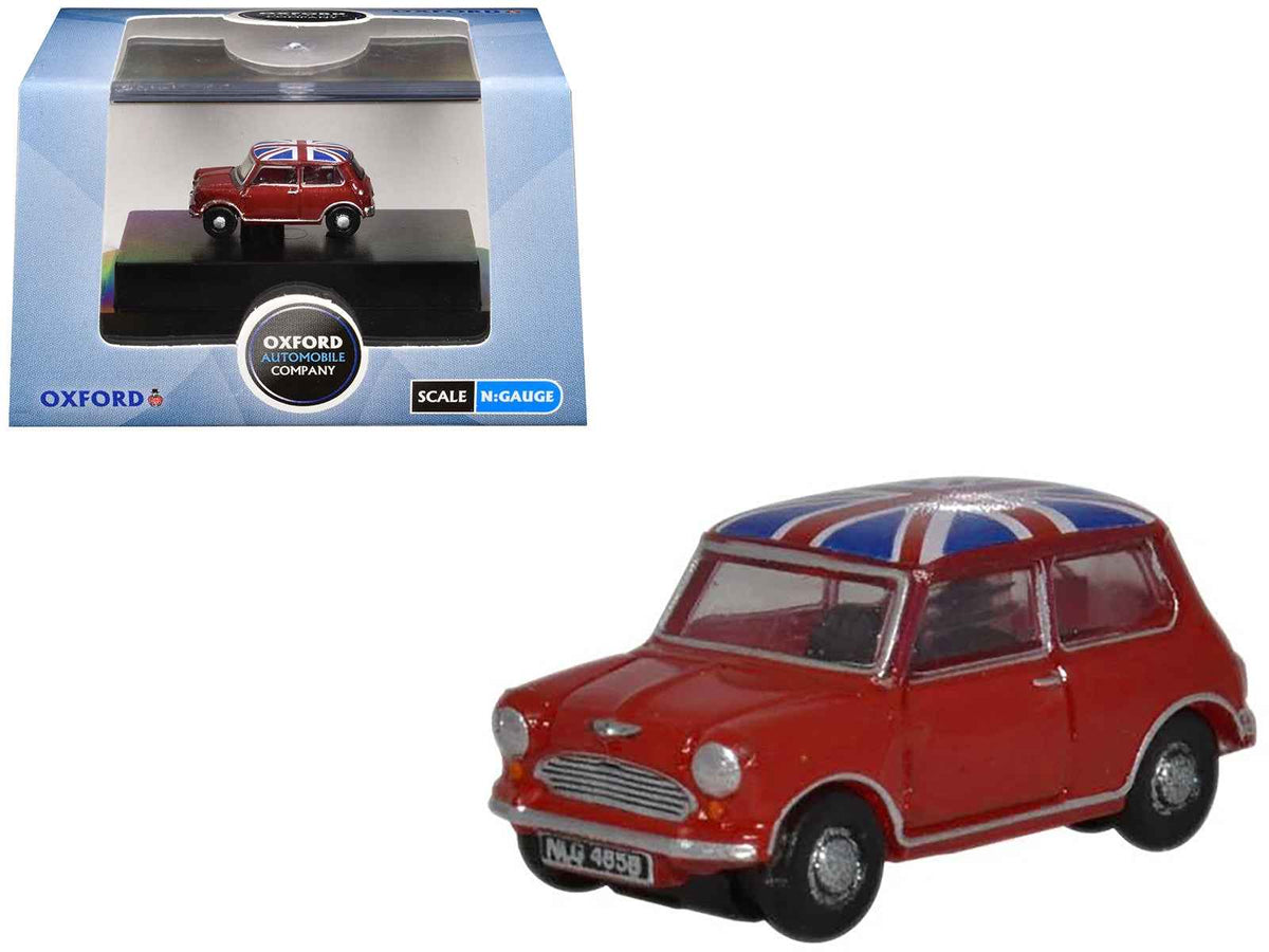 Miniature Motors Austin Mini RHD diecast model car in tartan red with Union Jack top, 1/148 scale, detailed N scale collectible.
