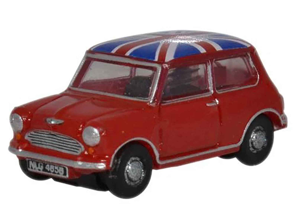 Miniature Motors Austin Mini RHD diecast model car in tartan red with Union Jack top, right-hand drive, 1/148 scale, Oxford Diecast