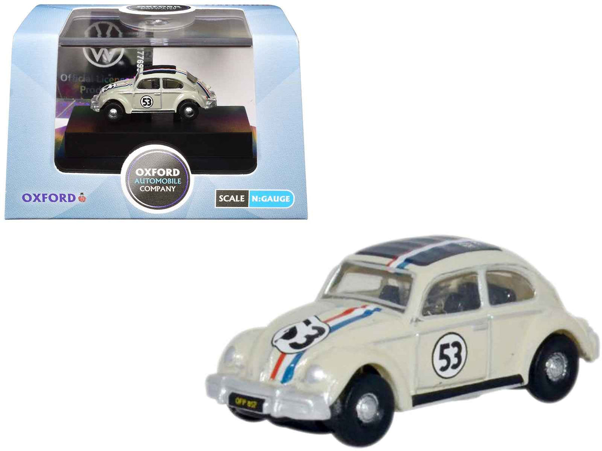 Beige Volkswagen Beetle diecast model car with black top and stripes, 1/148 scale, by Oxford Diecast, detailed miniature vehicle.