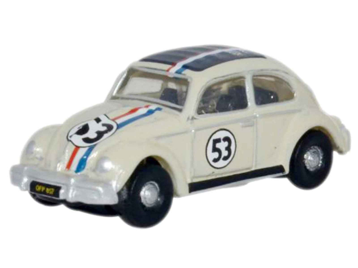 Beige Volkswagen Beetle diecast model car with black top and stripes, scale 1/148, by Oxford Diecast, detailed miniature vehicle.