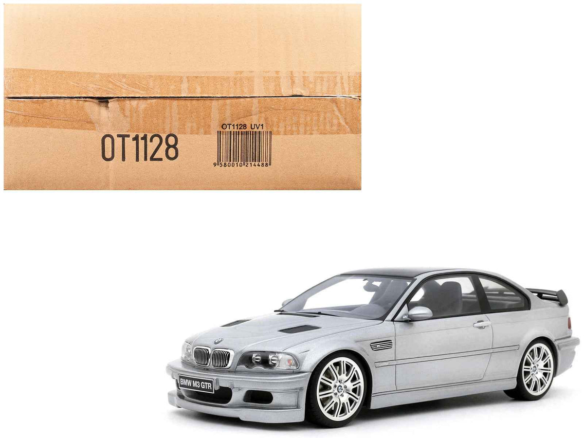 Titan Silver metallic 1/18 scale BMW E46 M3 GTR model car by Otto Mobile, detailed miniature from Miniature Motors.
