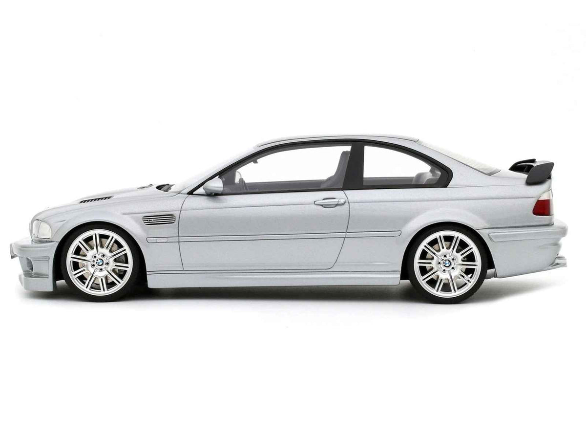 Titan Silver metallic 1/18 scale BMW E46 M3 GTR model car by Otto Mobile, detailed miniature BMW sports car.