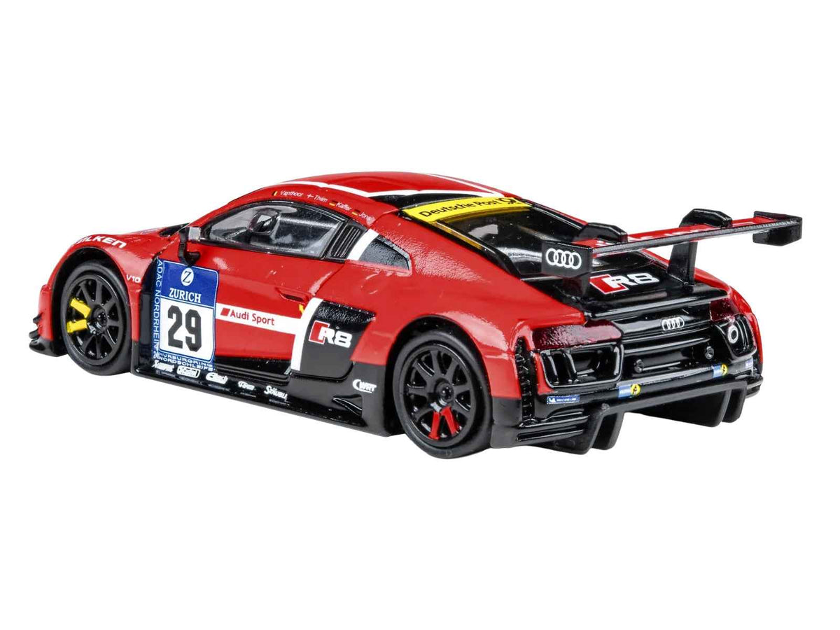 Miniature Audi R8 LMS #29 diecast model car by Paragon Models, featuring team WRT drivers at 24 Hours of Nurburgring.