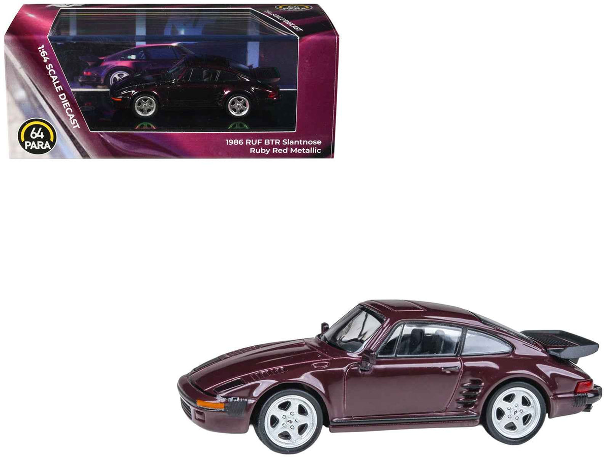 Ruby red metallic 1986 RUF BTR Slantnose diecast model car by Miniature Motors, detailed miniature collectible.