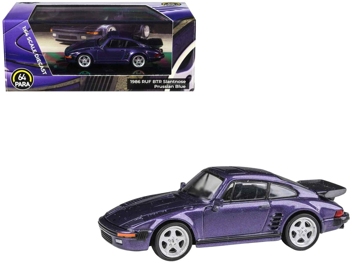 Prussian Blue metallic 1/64 diecast model car of the 1986 RUF BTR Slantnose by Miniature Motors, shown from a side angle.