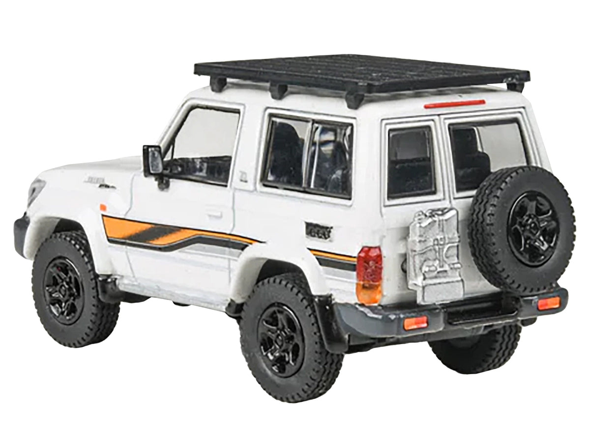 Miniature Toyota Land Cruiser 71 2023 model in white with stripes and roof rack, diecast 1/64 scale by Paragon Models.