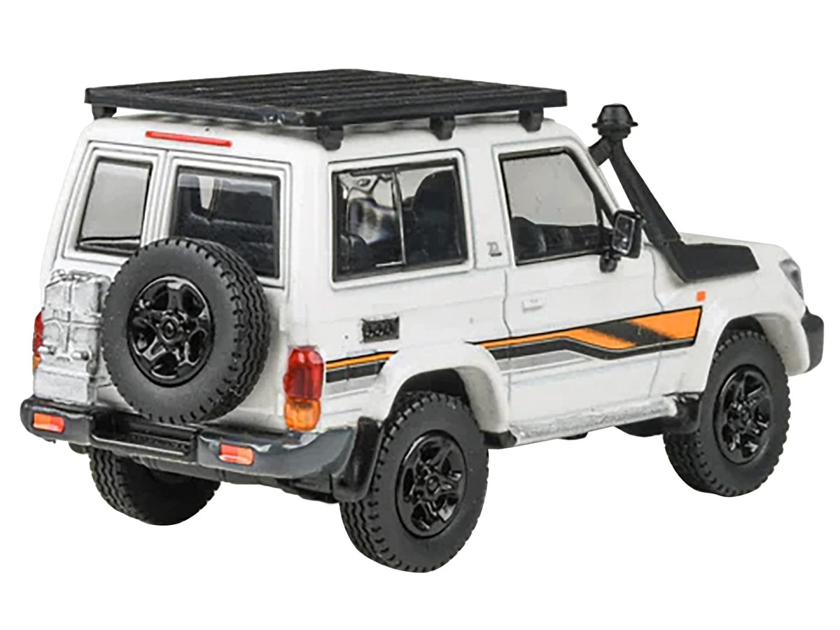 Miniature 1/64 diecast Toyota Land Cruiser 71 70th Anniversary model in white with stripes and roofrack by Paragon Models
