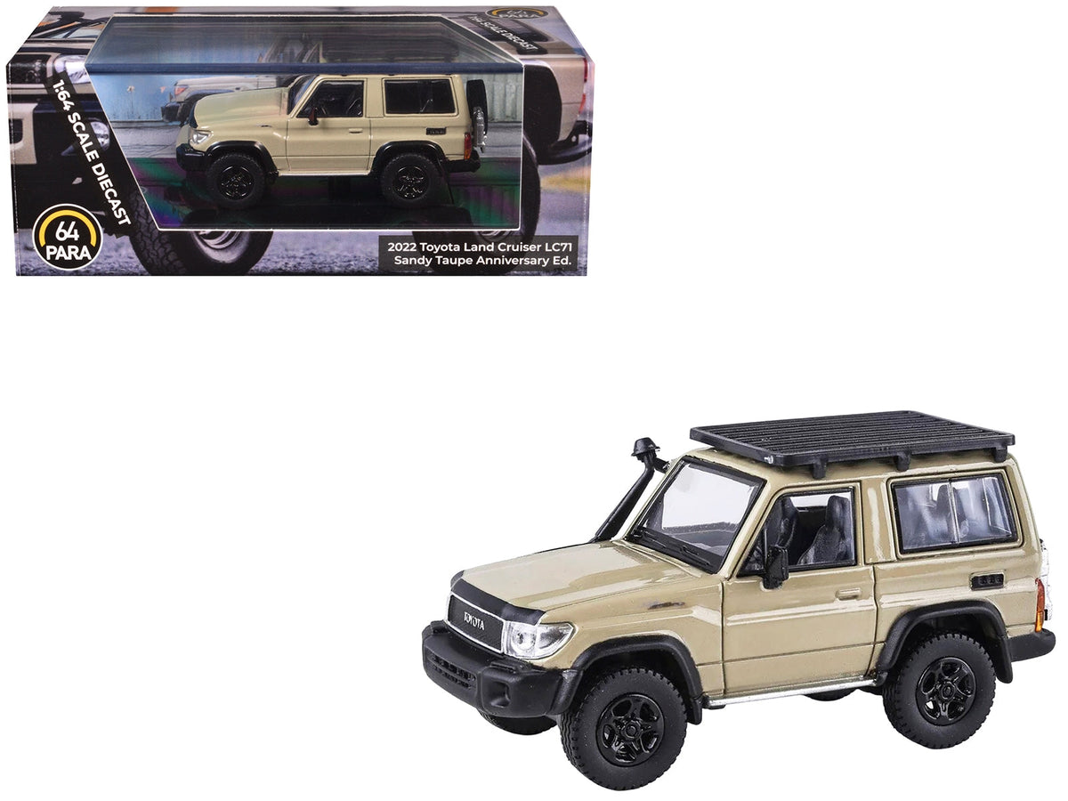 Miniature 2023 Toyota Land Cruiser 71 Sandy Taupe diecast model with roof rack, celebrating 70th anniversary, by Miniature Motors.