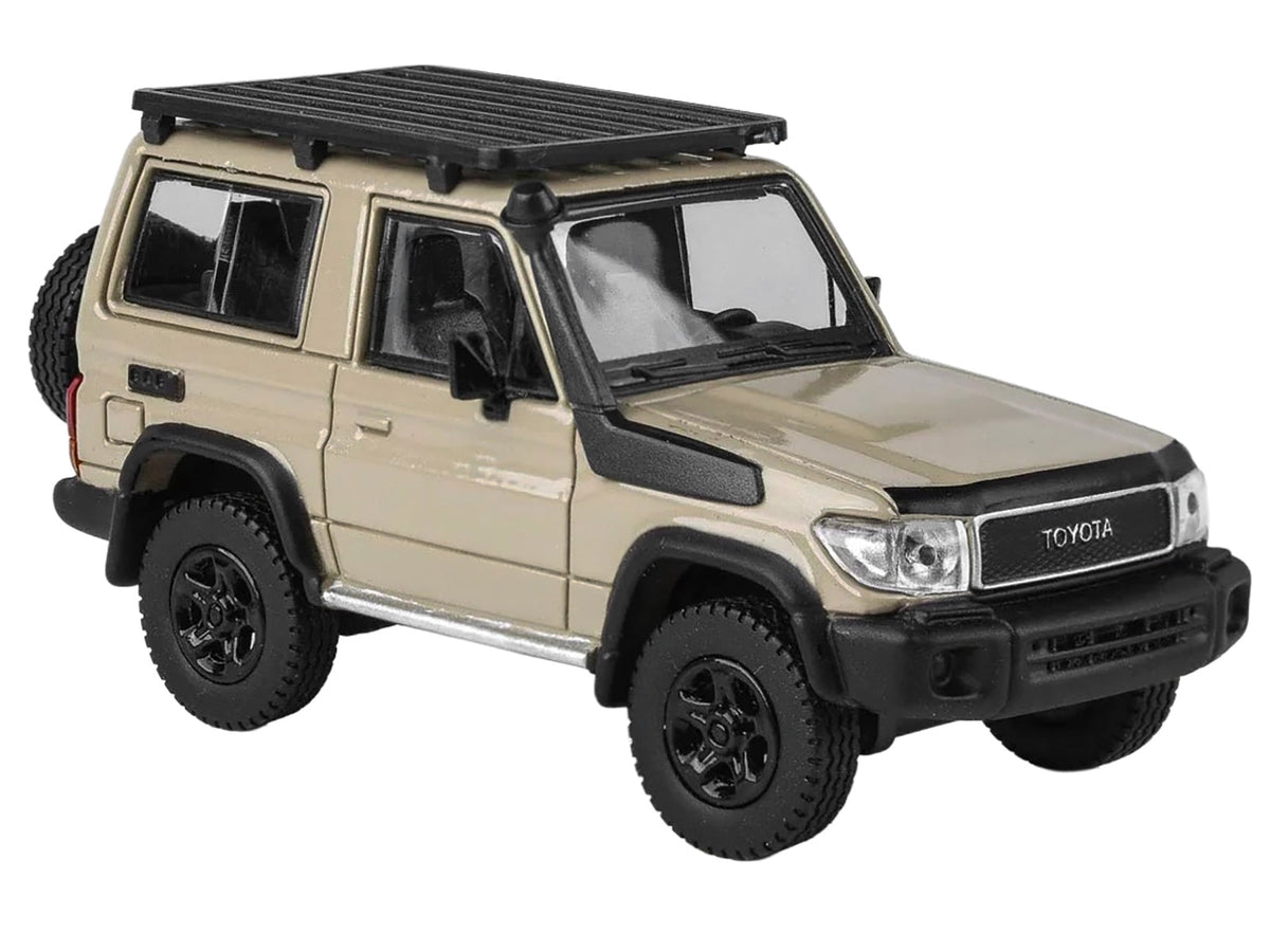 Miniature Toyota Land Cruiser 71 Sandy Taupe 70th Anniversary diecast model with roof rack, 1/64 scale by Paragon.