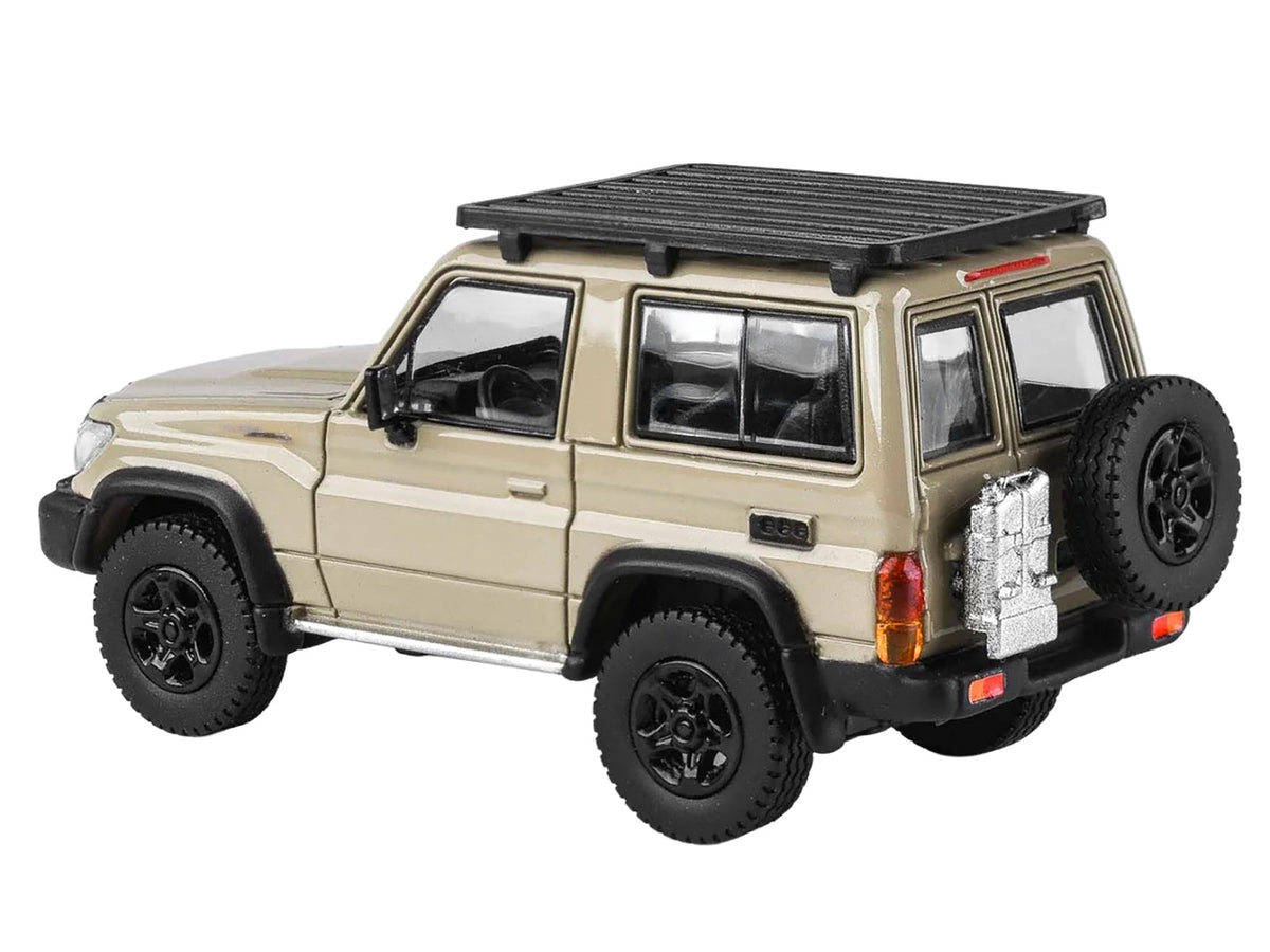 Miniature 2023 Toyota Land Cruiser 71 Sandy Taupe 70th Anniversary diecast model with roof rack by Paragon, compact and detailed.