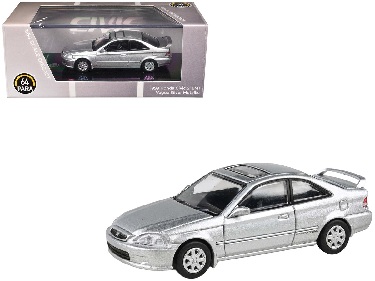 Miniature Honda Civic Si EM1 diecast model car in Vogue Silver Metallic with sunroof by Paragon Models, 1/64 scale.
