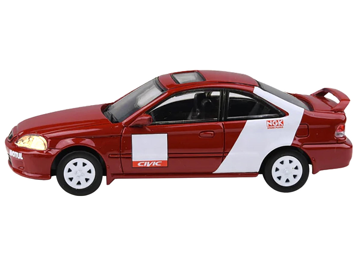 Red 1999 Honda Civic Si EM1 diecast model car with white Kanjo livery stripes by Miniature Motors, detailed miniature vehicle.