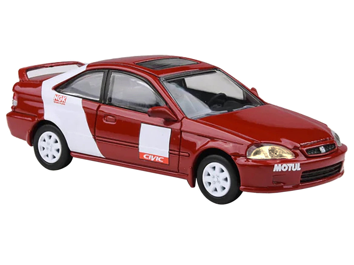 Red 1999 Honda Civic Si EM1 diecast model car with white stripes, detailed miniature by Miniature Motors, part of Honda Models collection.