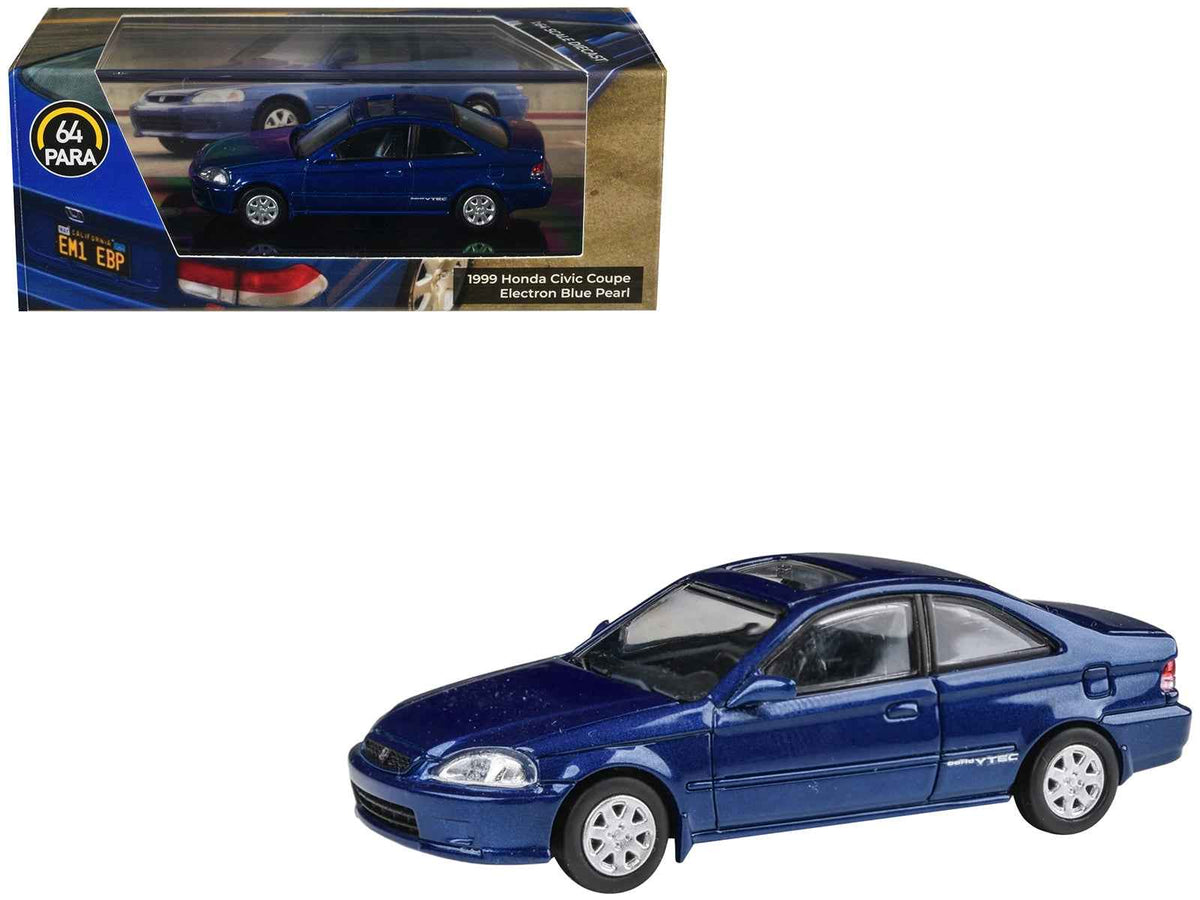 Miniature Honda Civic Coupe diecast model in Electron Blue Pearl Metallic with sunroof by Paragon Models, 1/64 scale.