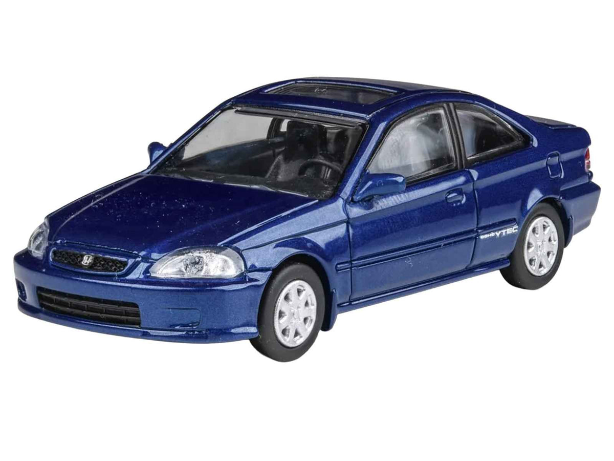 Miniature Honda Civic Coupe 1/64 diecast model in Electron Blue Pearl with sunroof by Paragon Models, detailed collectible car.